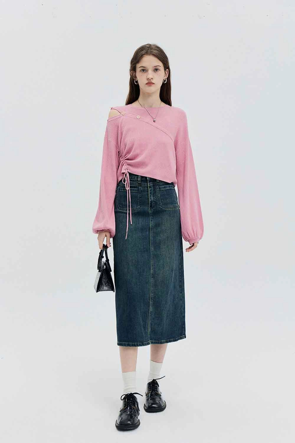 Skirt Midi Denim Pinggang Tinggi dengan Rekaan Klasik Lima Poket