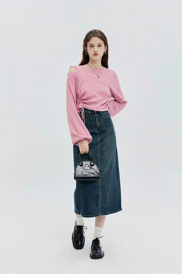 Váy Midi Denim Cạp Cao Thiết Kế Năm Túi Cổ Điển