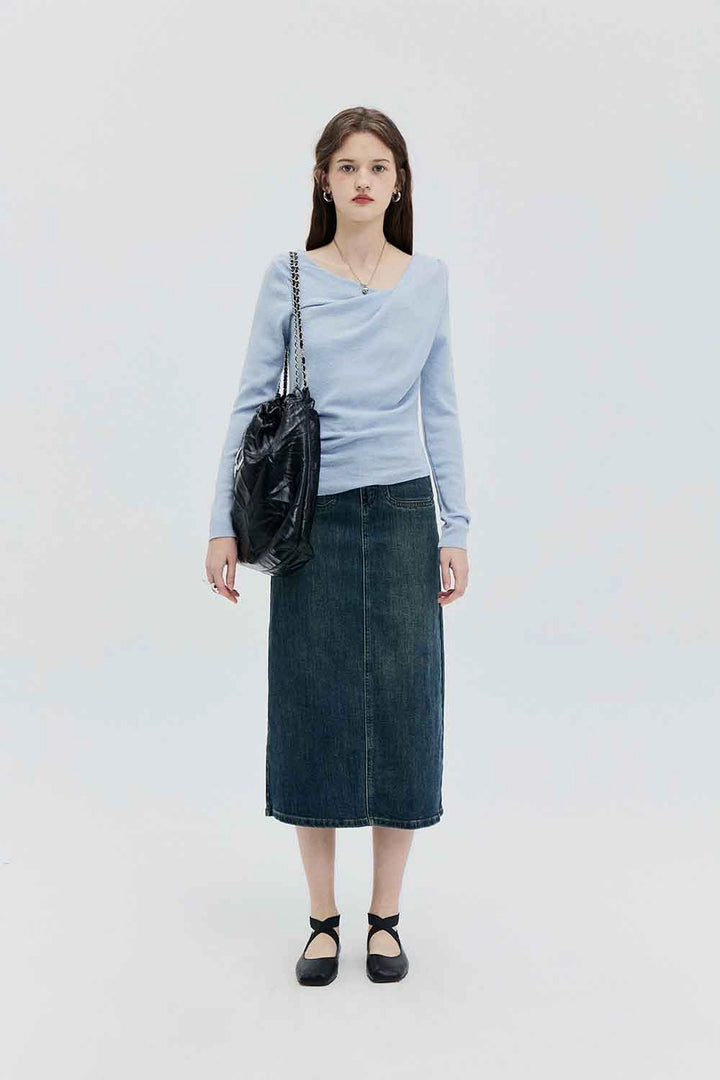 High-Waisted Denim Midi Skirt with Classic Five-Pocket Design