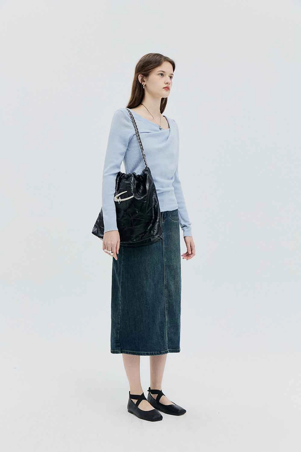 Skirt Midi Denim Pinggang Tinggi dengan Rekaan Klasik Lima Poket