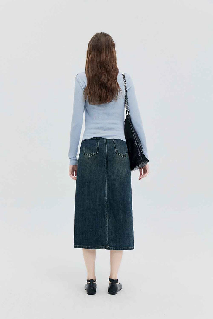 Skirt Midi Denim Pinggang Tinggi dengan Rekaan Klasik Lima Poket