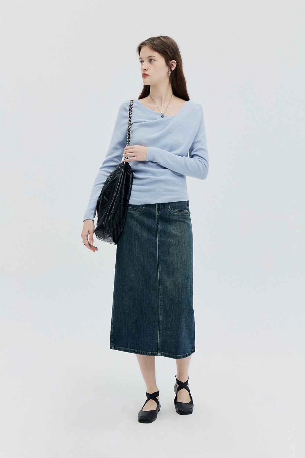 Skirt Midi Denim Pinggang Tinggi dengan Rekaan Klasik Lima Poket