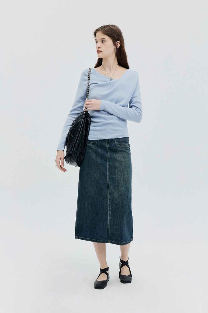 High-Waisted Denim Midi Skirt with Classic Five-Pocket Design