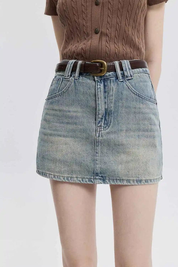 Skirt Mini Denim Kasual dengan Pinggang Berikat