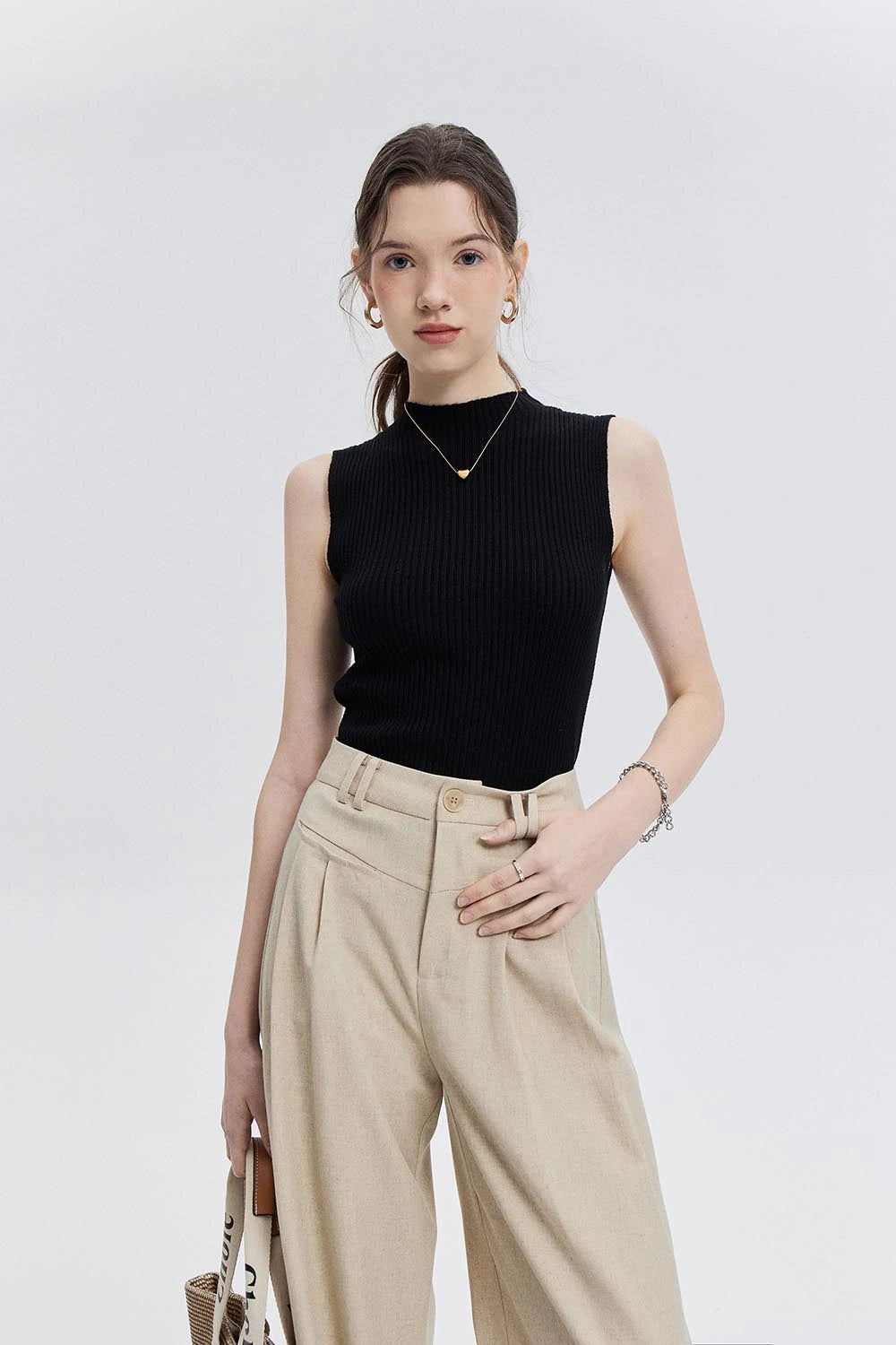 Sleeveless Ribbed Knit Mock Neck Top