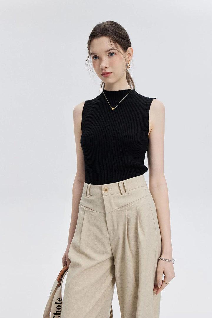 Sleeveless Ribbed Knit Mock Neck Top