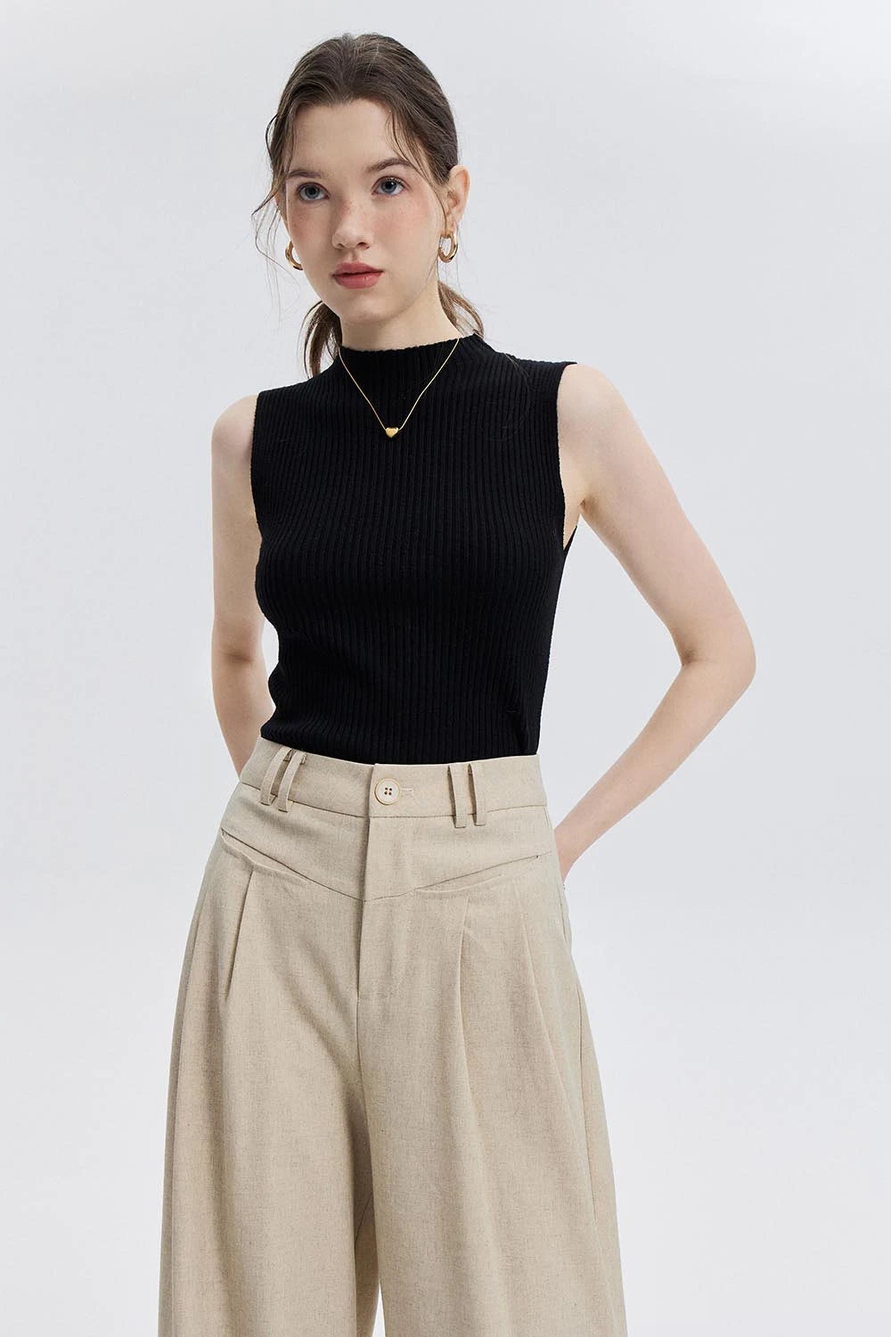 Sleeveless Ribbed Knit Mock Neck Top