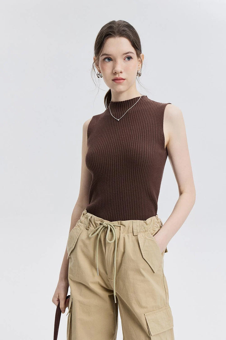 Sleeveless Ribbed Knit Mock Neck Top