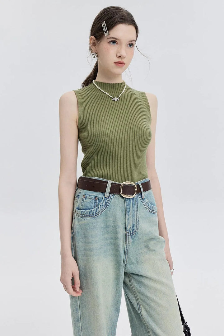 Sleeveless Ribbed Knit Mock Neck Top