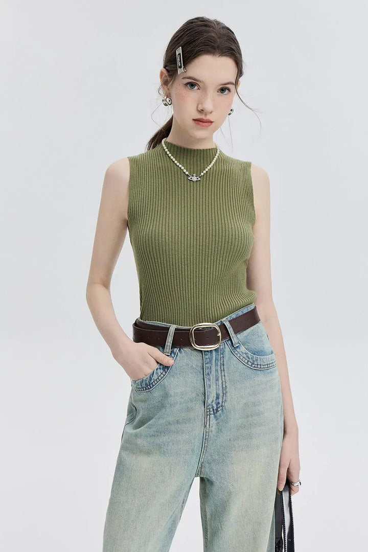 Sleeveless Ribbed Knit Mock Neck Top