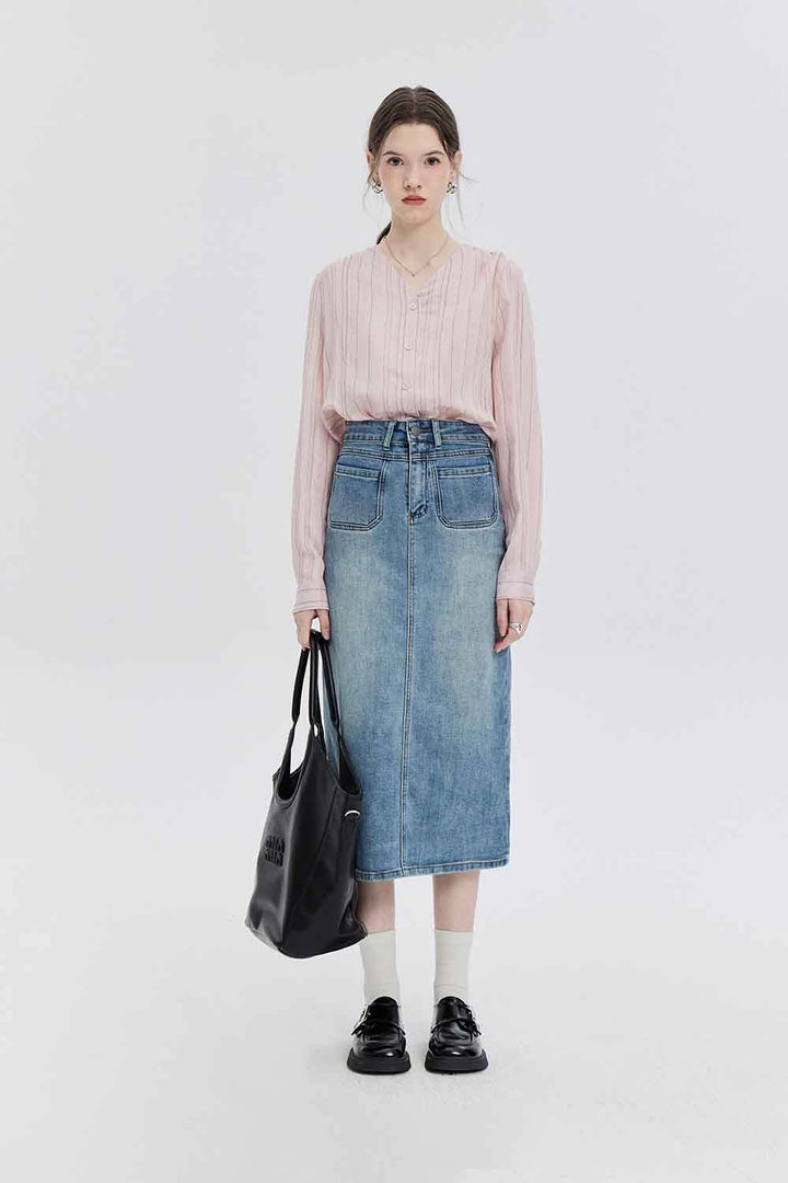 Skirt Midi Denim Pinggang Tinggi dengan Rekaan Klasik Lima Poket