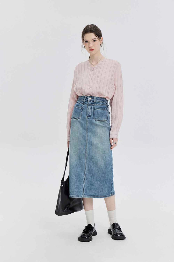 Skirt Midi Denim Pinggang Tinggi dengan Rekaan Klasik Lima Poket