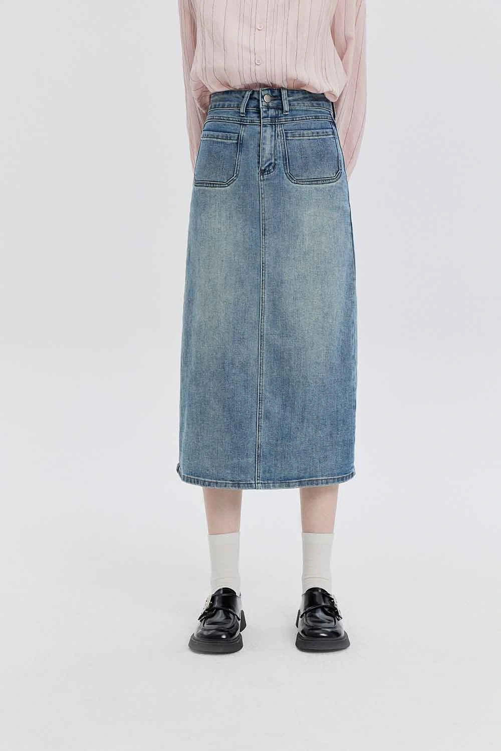 High-Waisted Denim Midi Skirt with Classic Five-Pocket Design