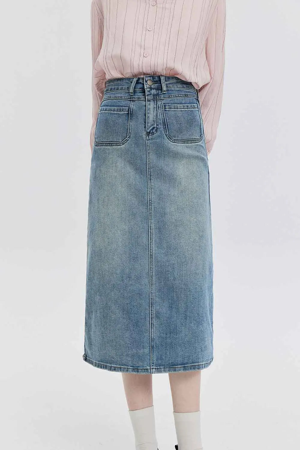 High-Waisted Denim Midi Skirt with Classic Five-Pocket Design