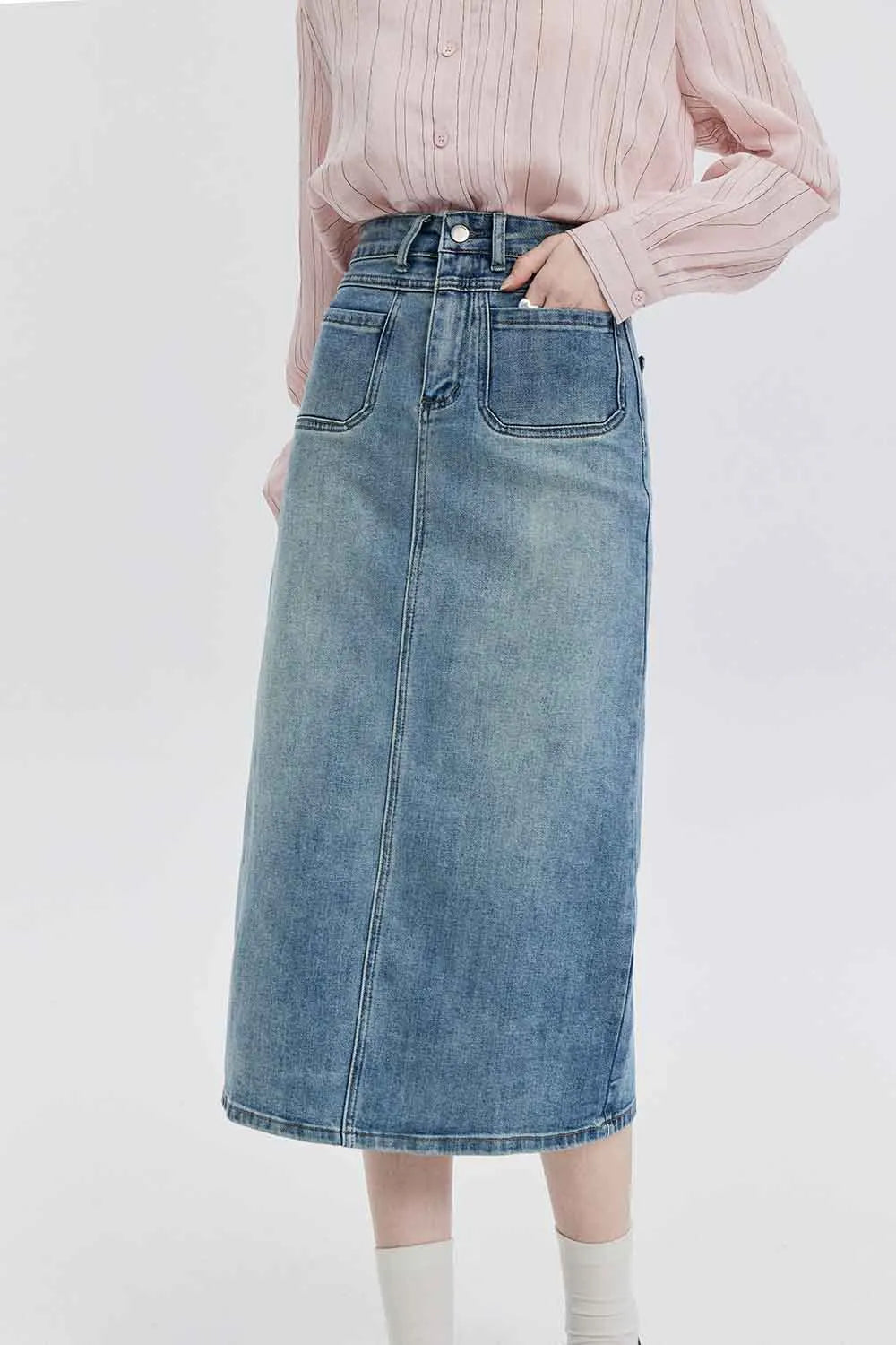 Skirt Midi Denim Pinggang Tinggi dengan Rekaan Klasik Lima Poket