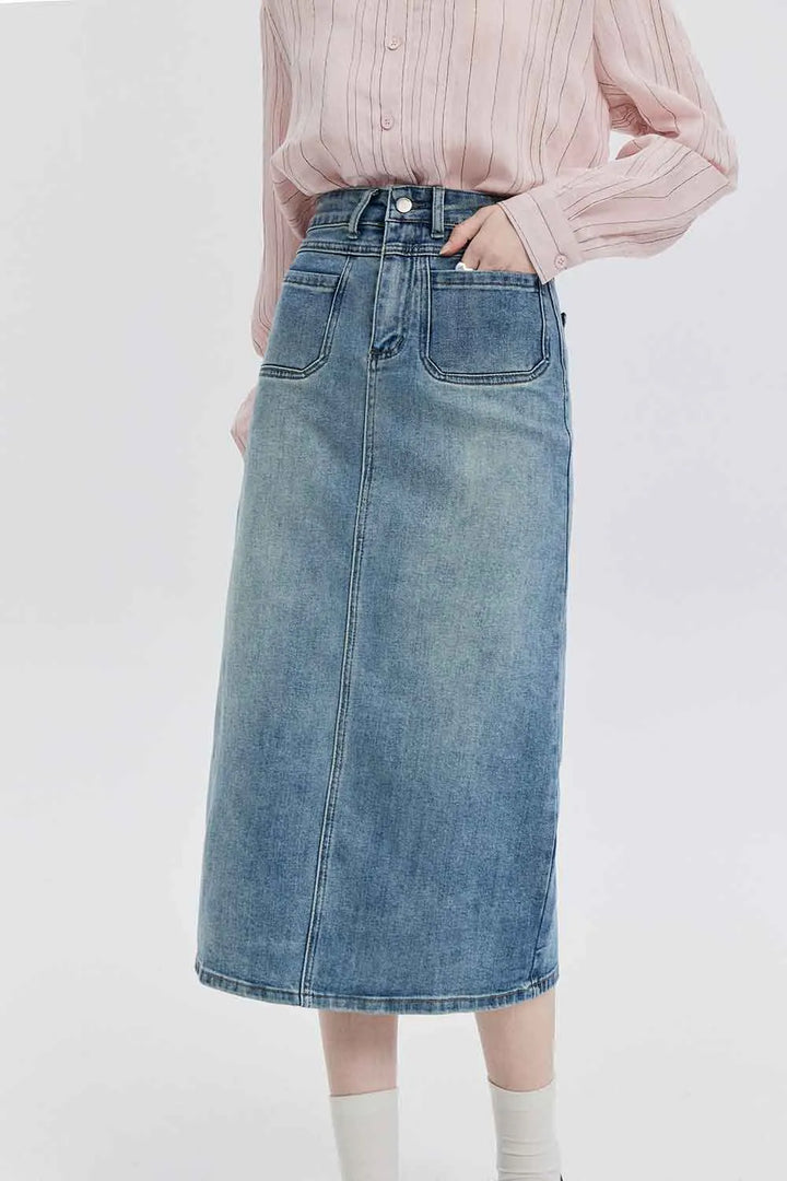 Skirt Midi Denim Pinggang Tinggi dengan Rekaan Klasik Lima Poket