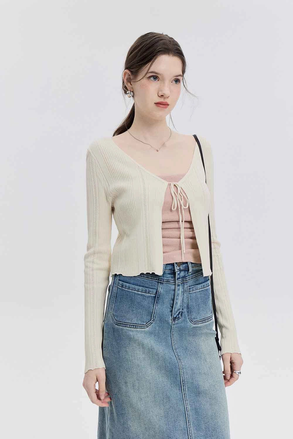 Ladies' Front Tie Ribbed Cardigan with Long Sleeves