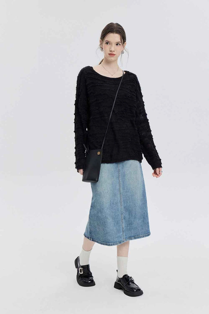 High-Waisted Denim Midi Skirt with Classic Five-Pocket Design