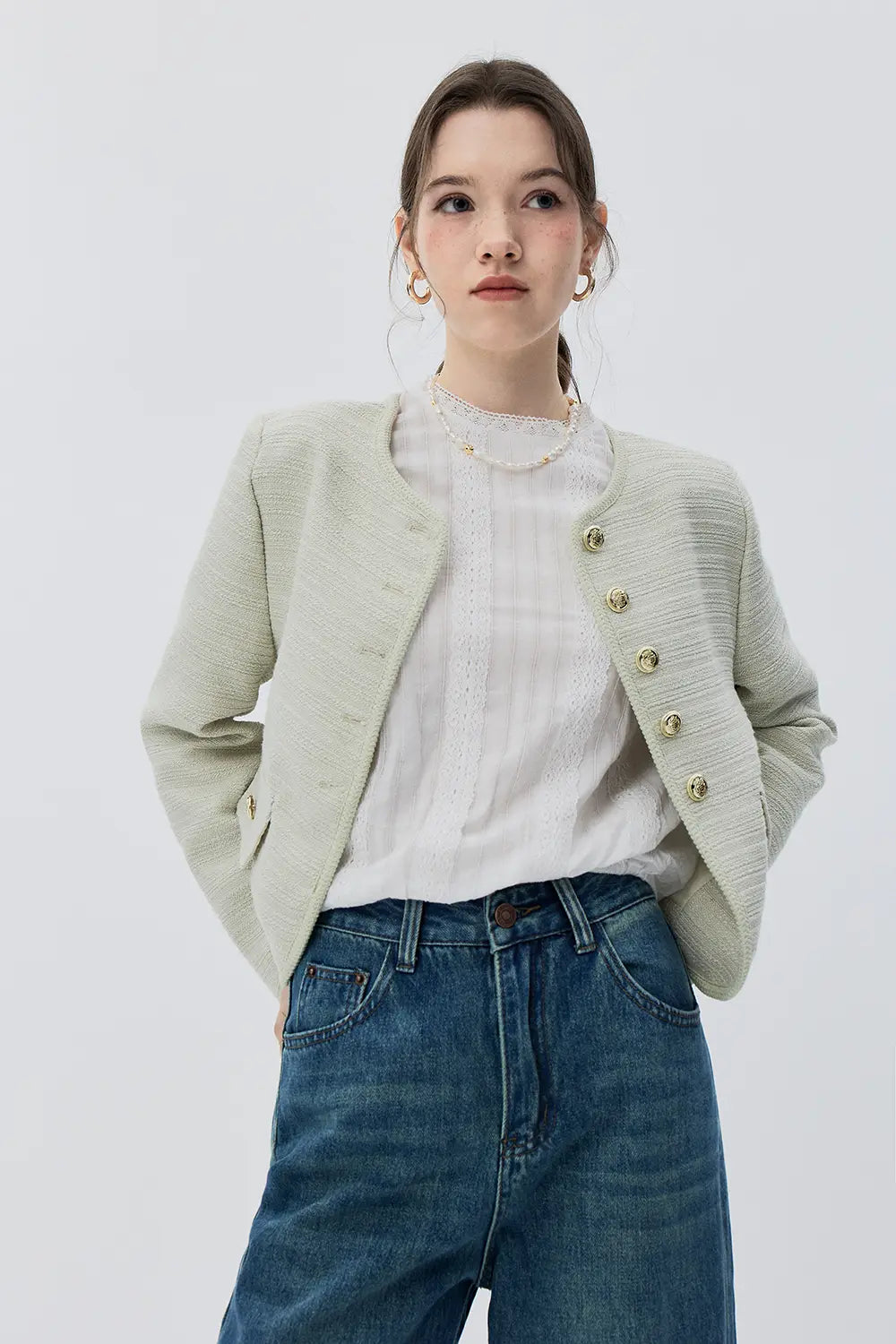 Textured Jacket with Gold Buttons Classic Women's Fashion