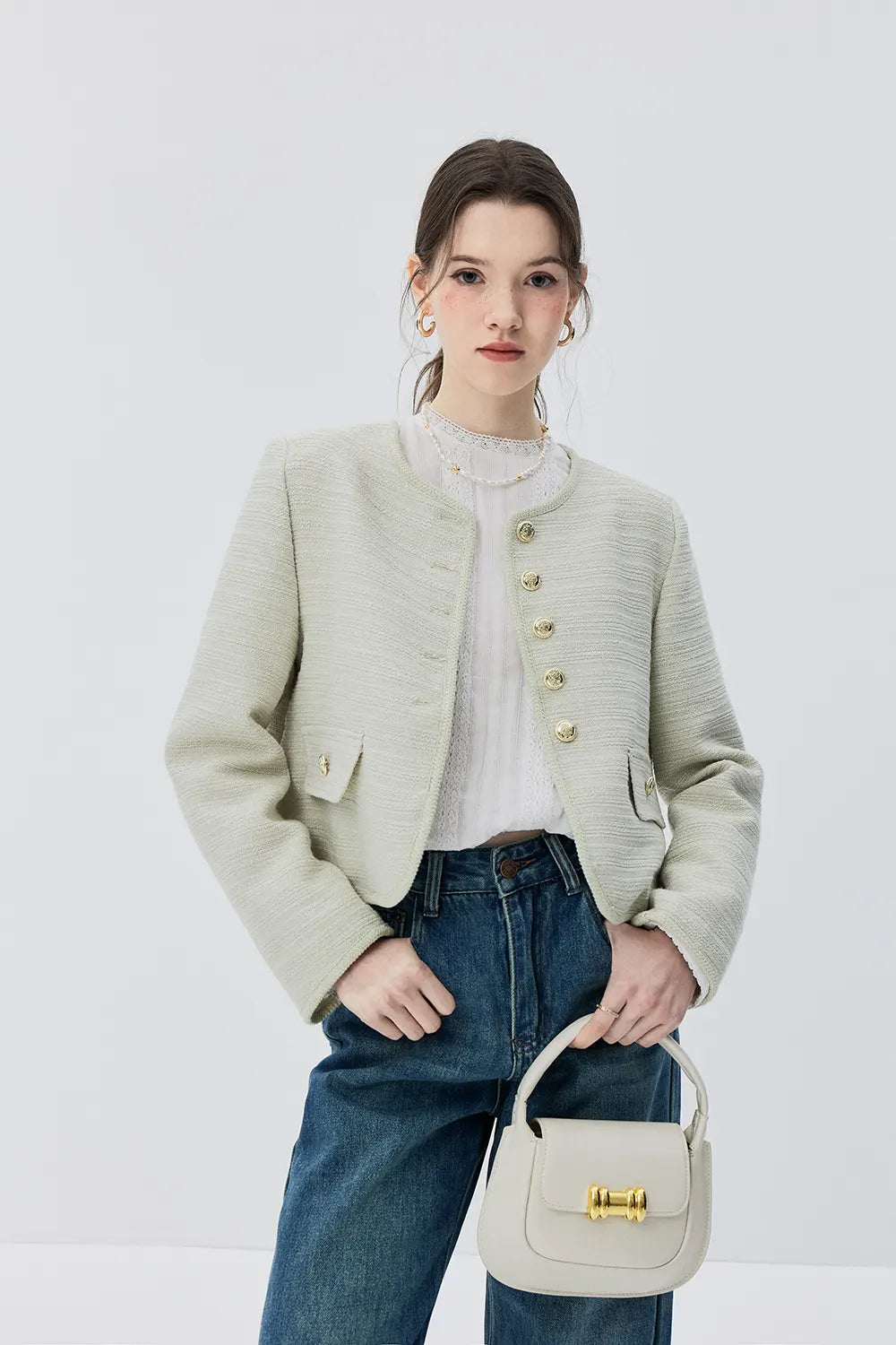 Textured Jacket with Gold Buttons Classic Women's Fashion