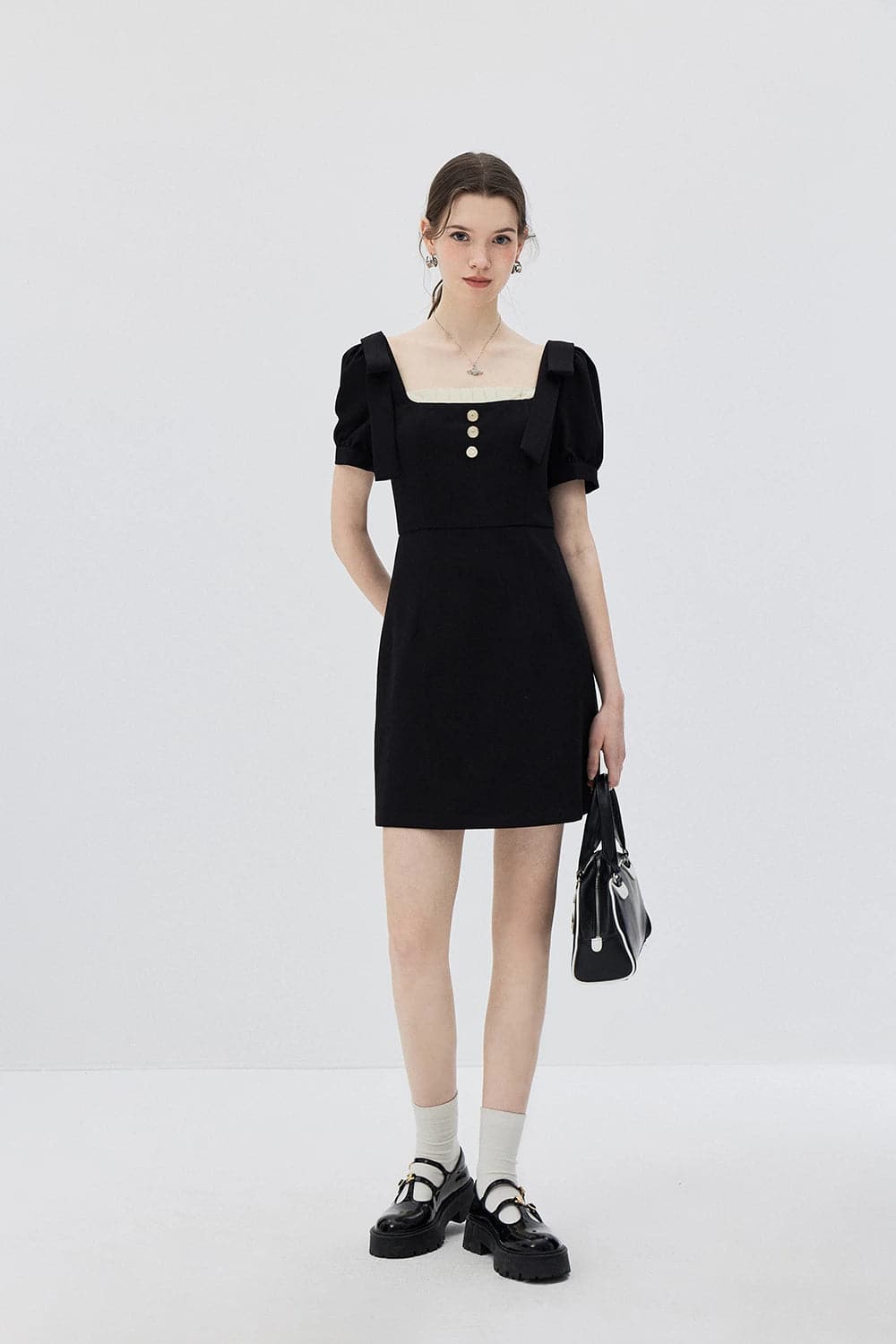 Chic Puff Sleeve Buttoned Square Neck Dress