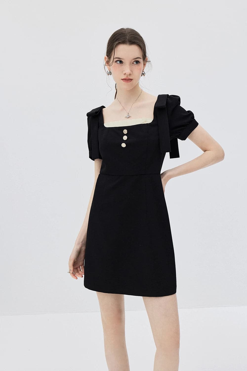 Chic Puff Sleeve Buttoned Square Neck Dress