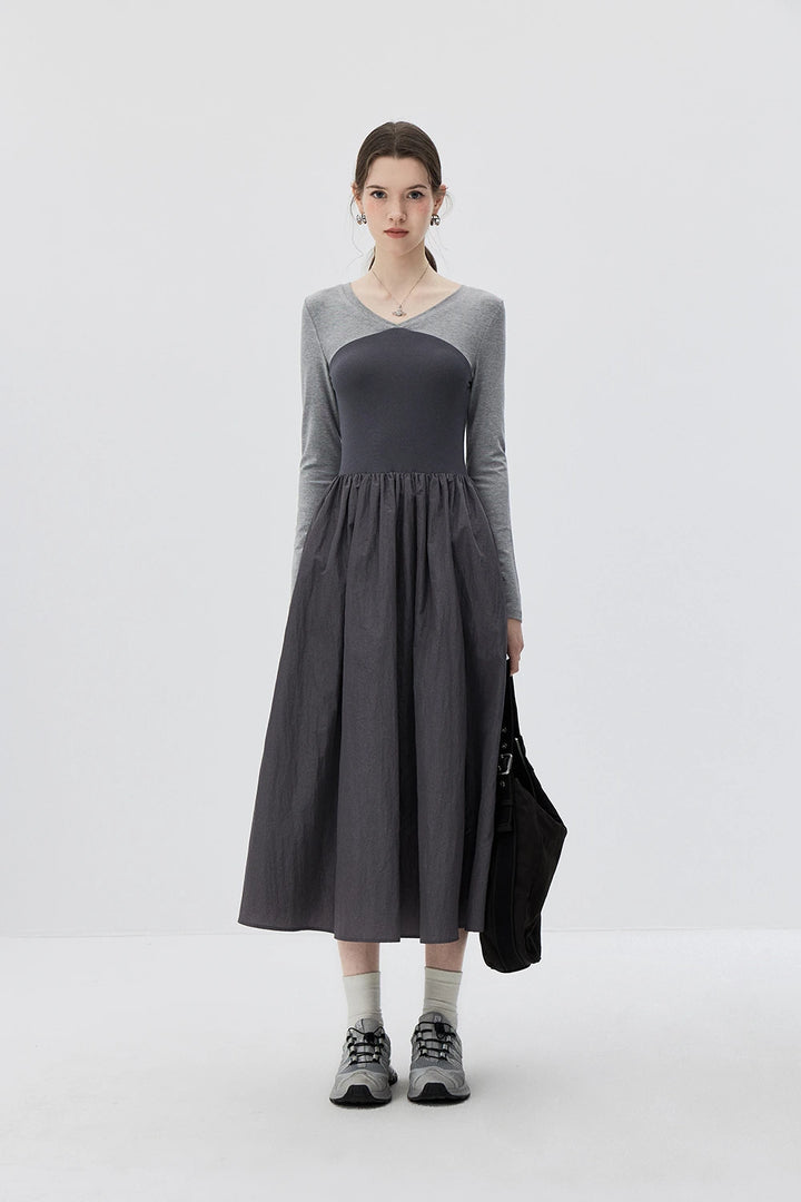 Grey Duo-tone Long-Sleeve Dress with Cinched Waist and Flowy Pleated Skirt