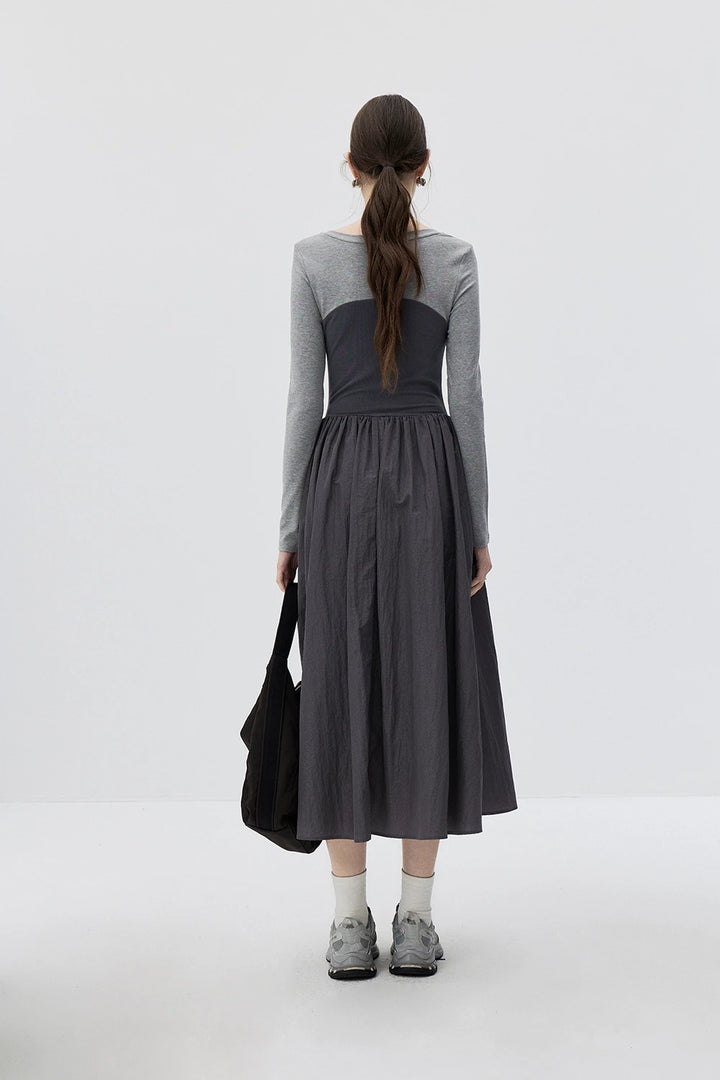 Grey Duo-tone Long-Sleeve Dress with Cinched Waist and Flowy Pleated Skirt