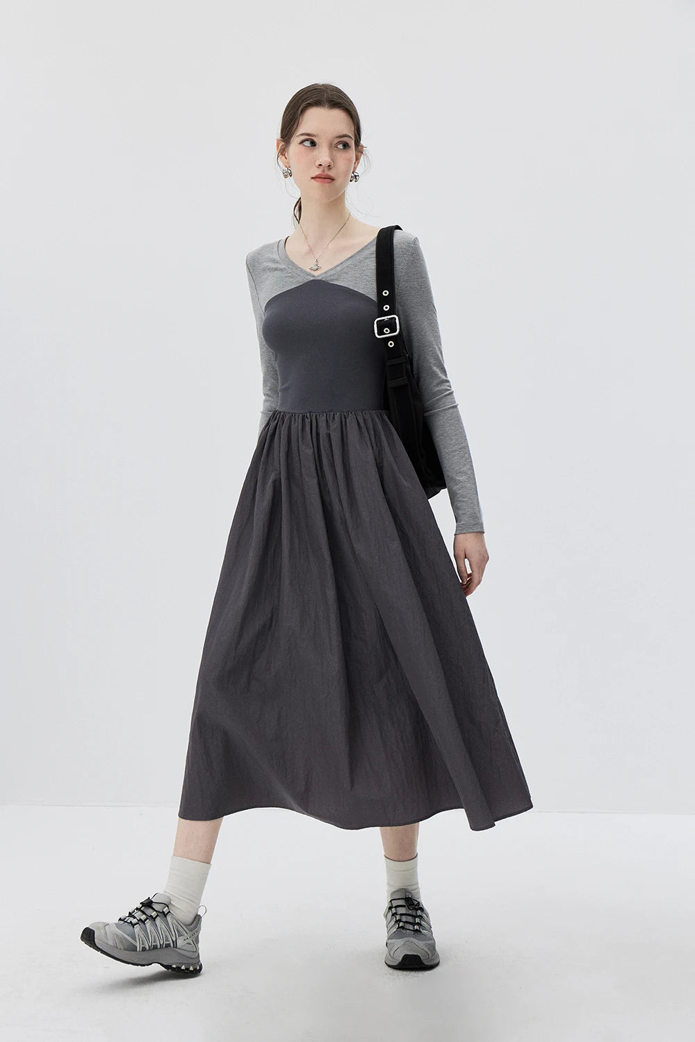 Grey Duo-tone Long-Sleeve Dress with Cinched Waist and Flowy Pleated Skirt