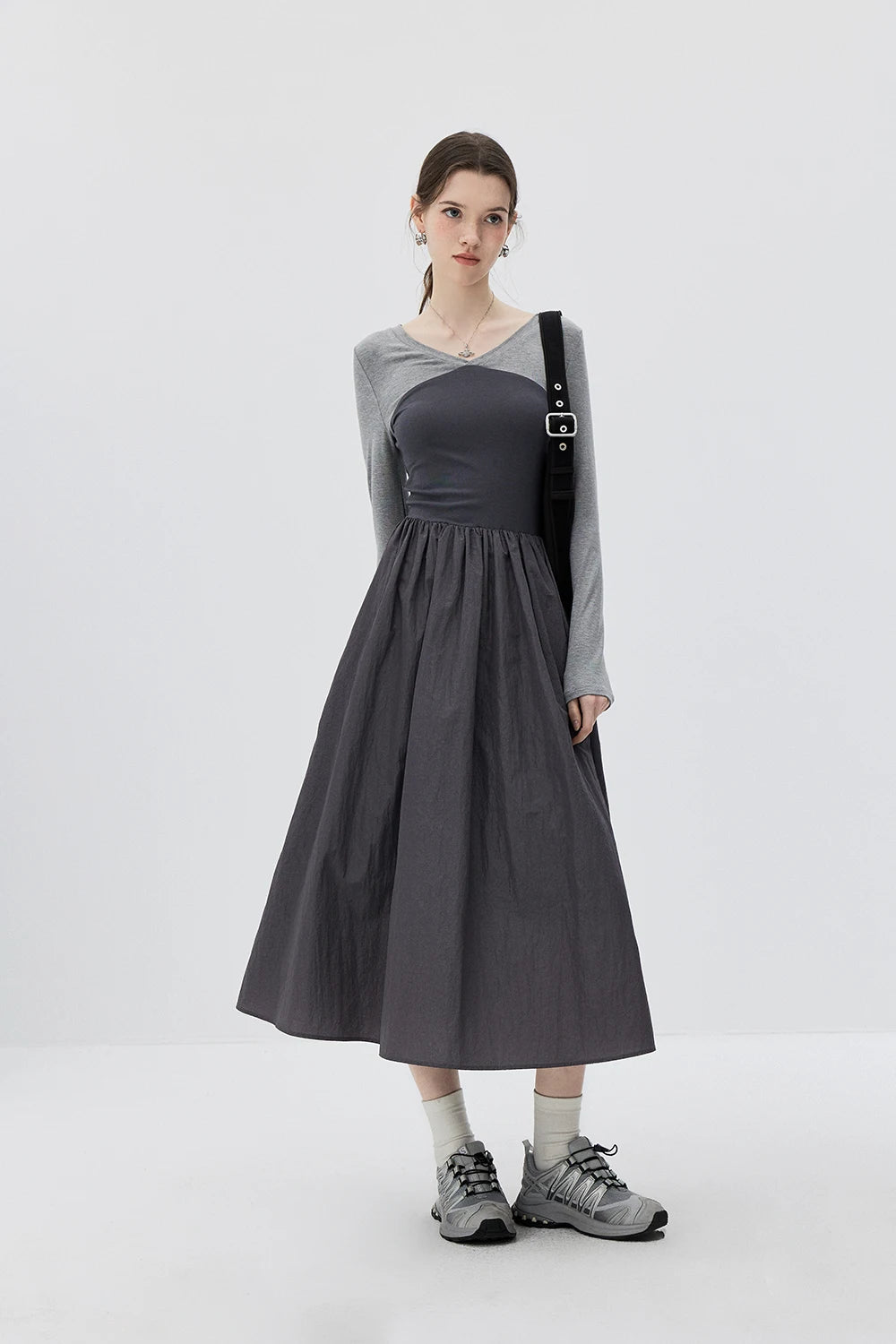 Grey Duo-tone Long-Sleeve Dress with Cinched Waist and Flowy Pleated Skirt