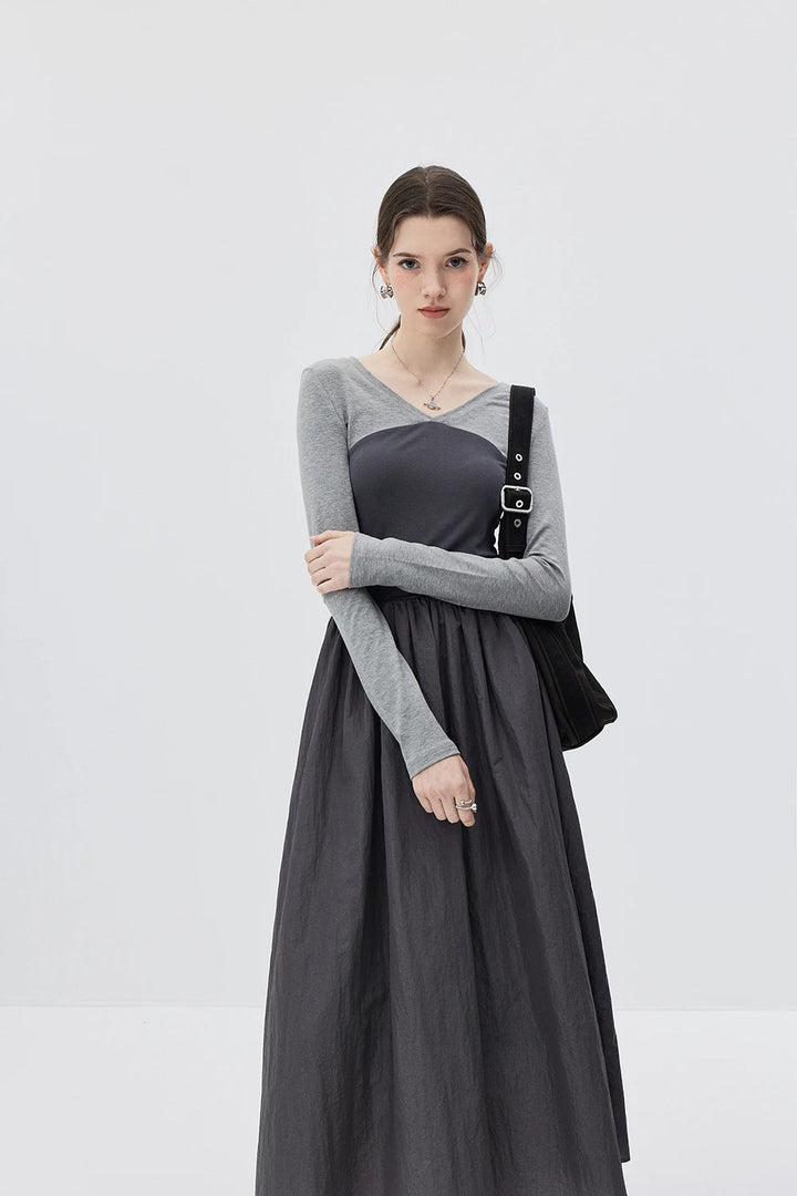 Grey Duo-tone Long-Sleeve Dress with Cinched Waist and Flowy Pleated Skirt