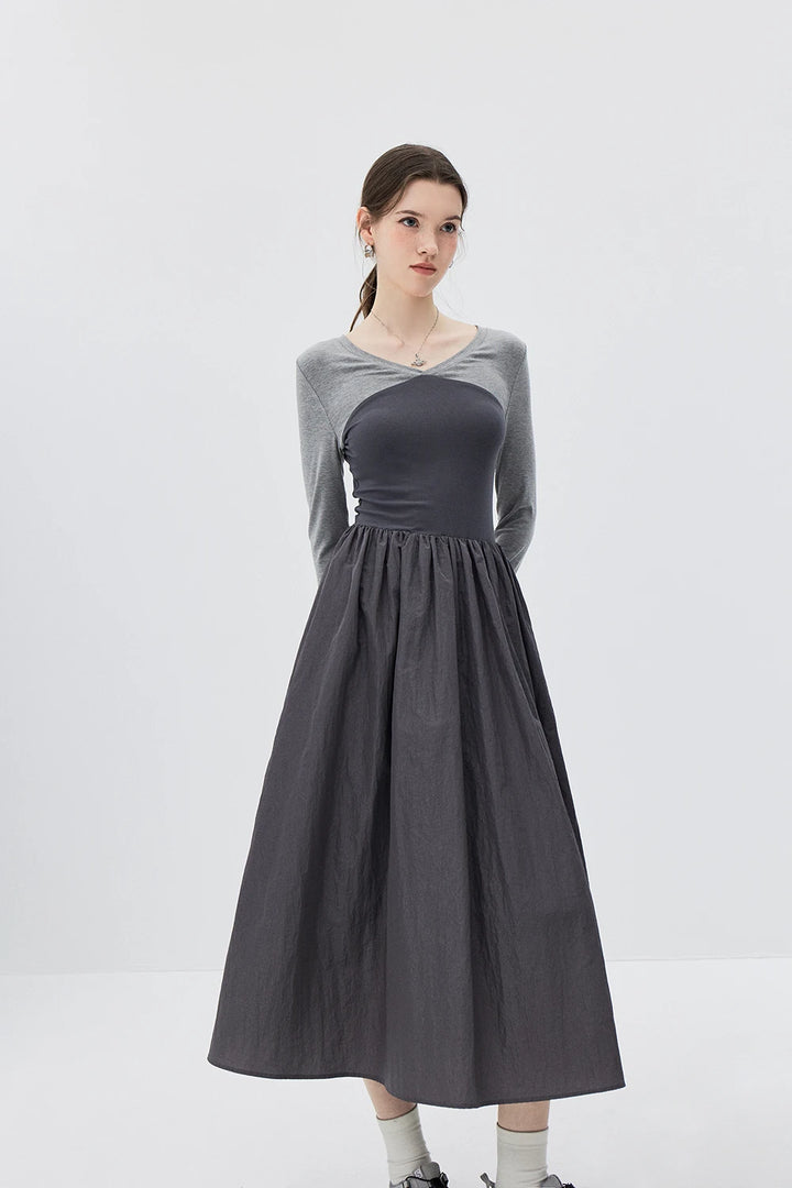 Grey Duo-tone Long-Sleeve Dress with Cinched Waist and Flowy Pleated Skirt