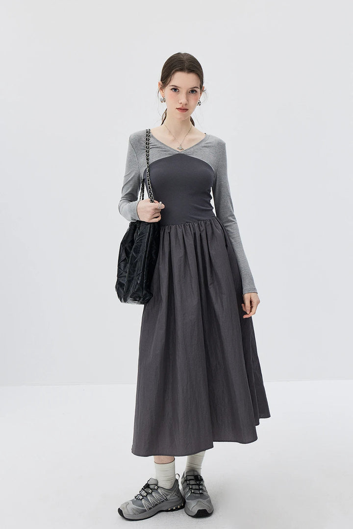 Grey Duo-tone Long-Sleeve Dress with Cinched Waist and Flowy Pleated Skirt