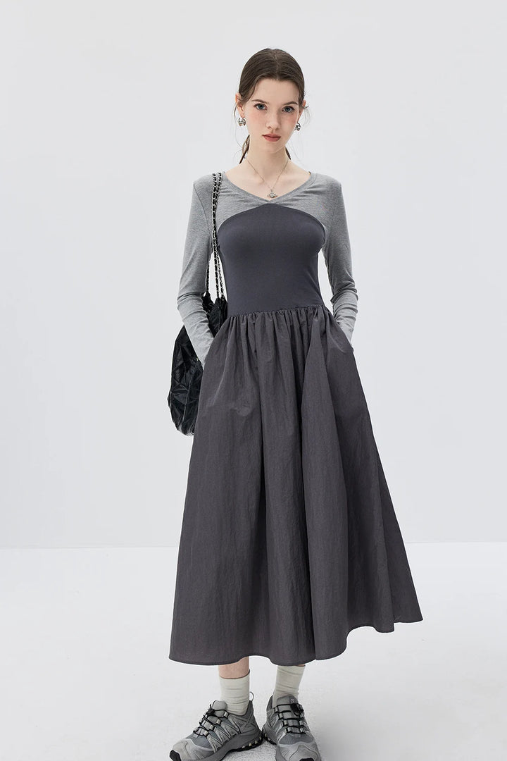 Grey Duo-tone Long-Sleeve Dress with Cinched Waist and Flowy Pleated Skirt