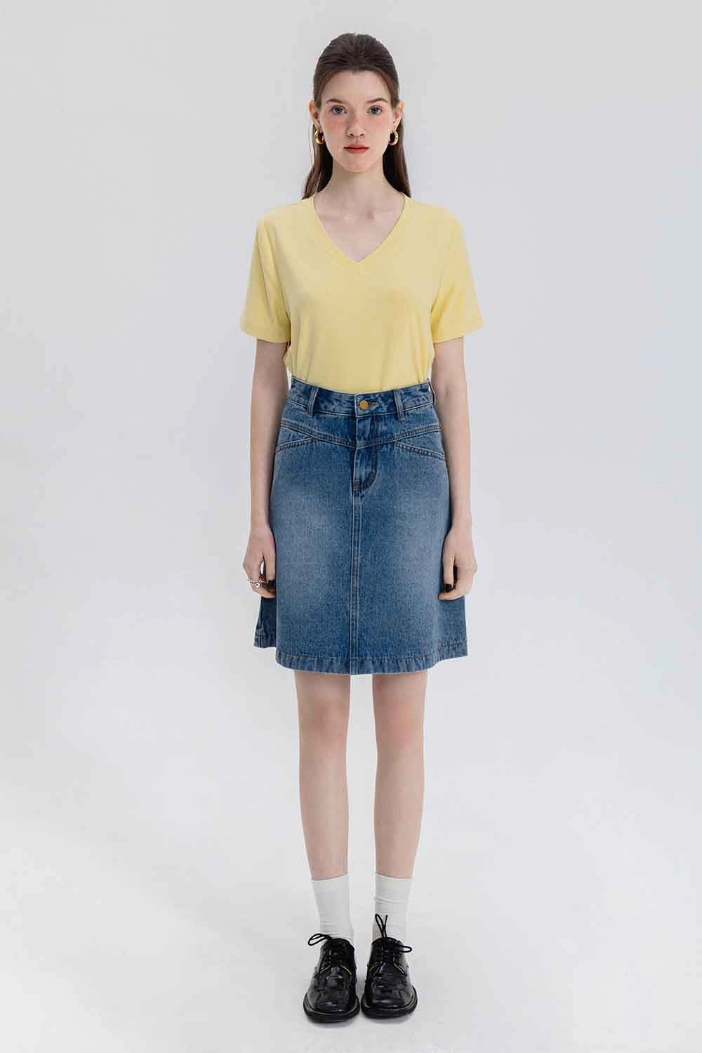 Skirt A-Line Denim Pinggang Tinggi Klasik Wanita