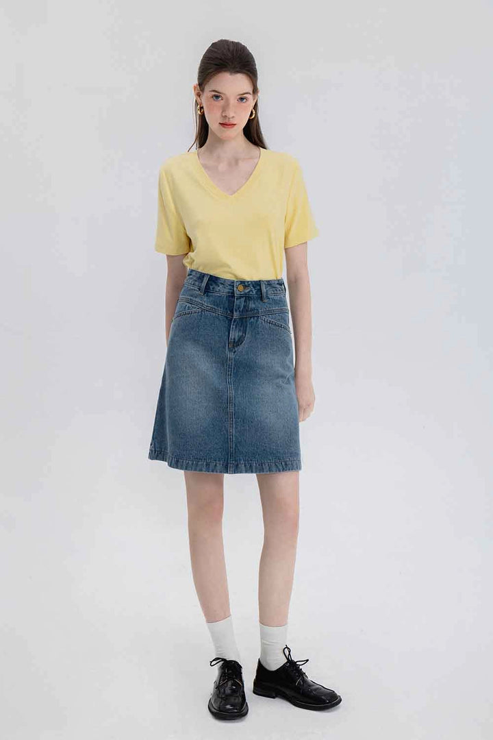 Skirt A-Line Denim Pinggang Tinggi Klasik Wanita