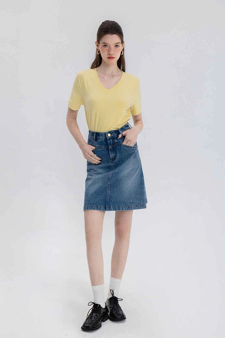 Skirt A-Line Denim Pinggang Tinggi Klasik Wanita