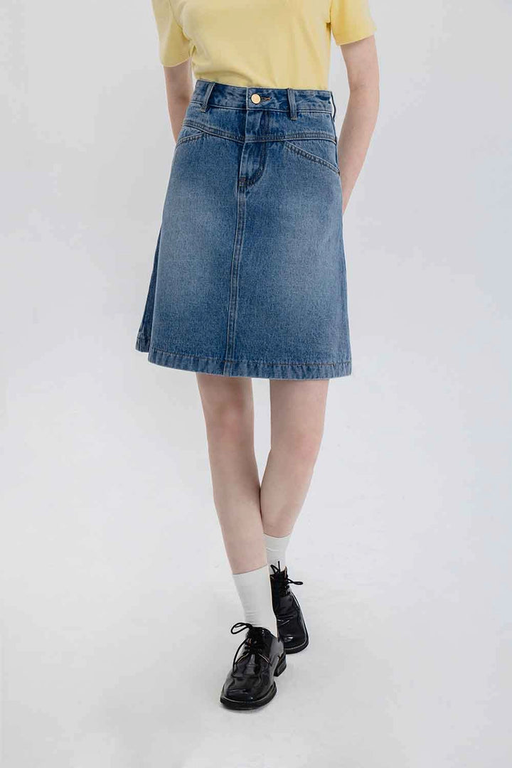 Skirt A-Line Denim Pinggang Tinggi Klasik Wanita