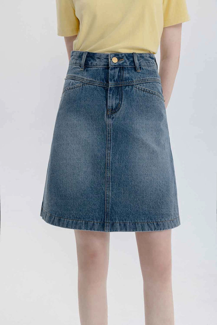 Skirt A-Line Denim Pinggang Tinggi Klasik Wanita