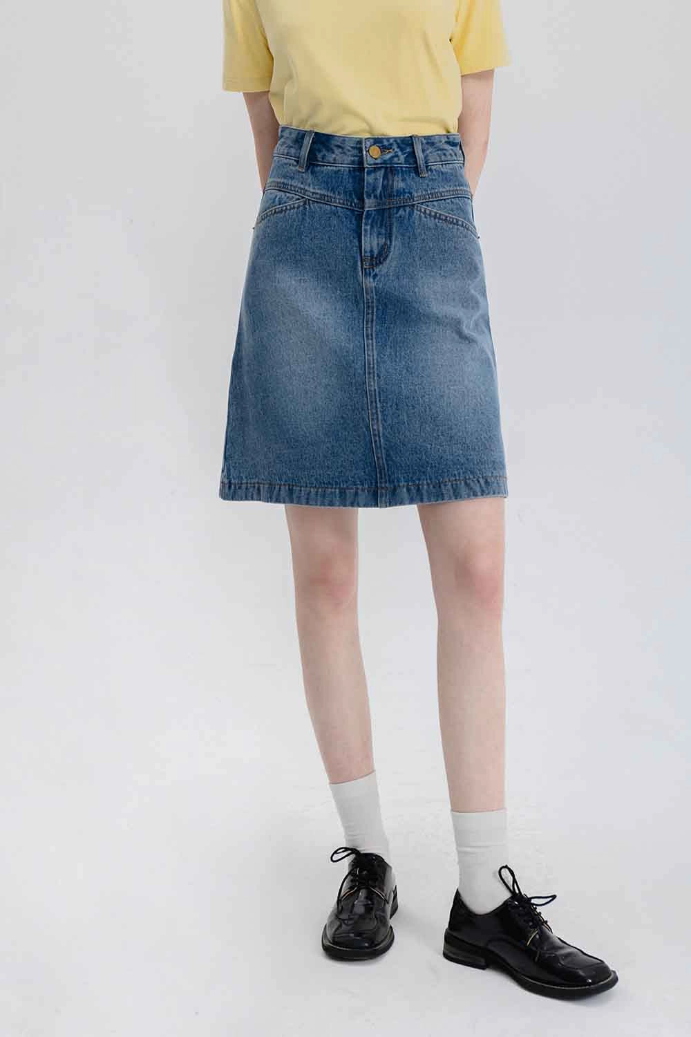 Skirt A-Line Denim Pinggang Tinggi Klasik Wanita