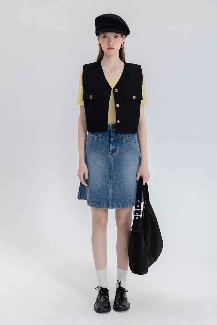 Skirt A-Line Denim Pinggang Tinggi Klasik Wanita