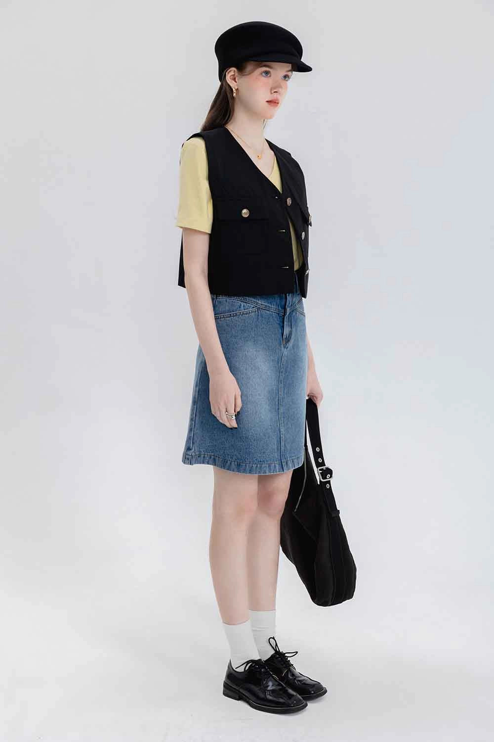 Skirt A-Line Denim Pinggang Tinggi Klasik Wanita