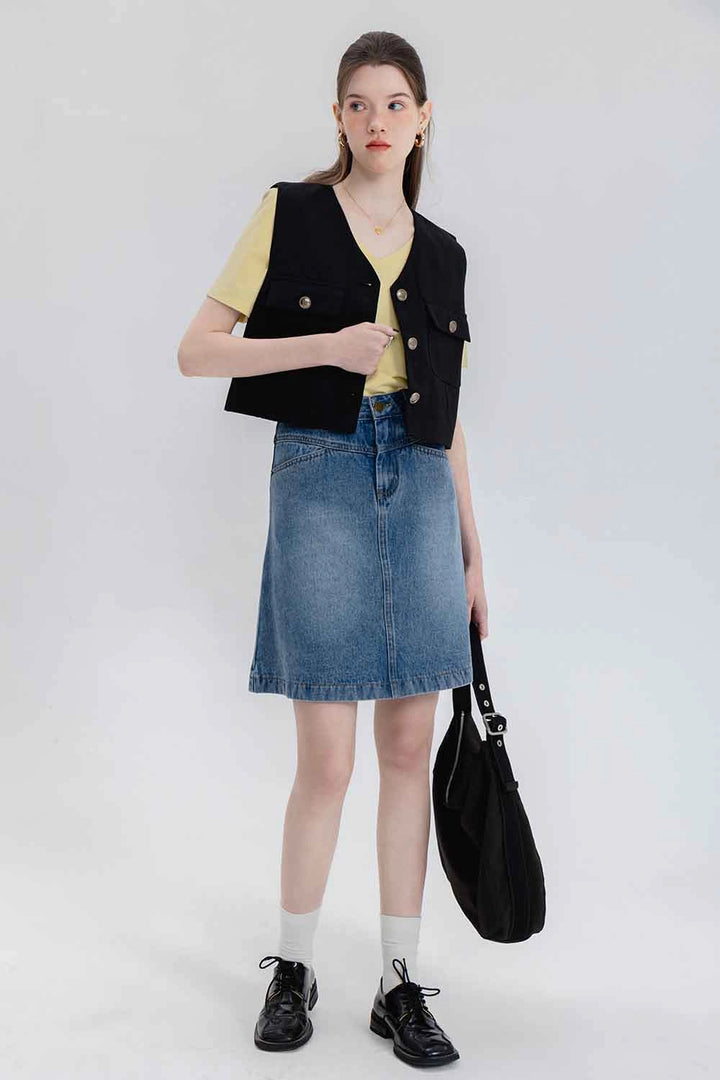 Skirt A-Line Denim Pinggang Tinggi Klasik Wanita