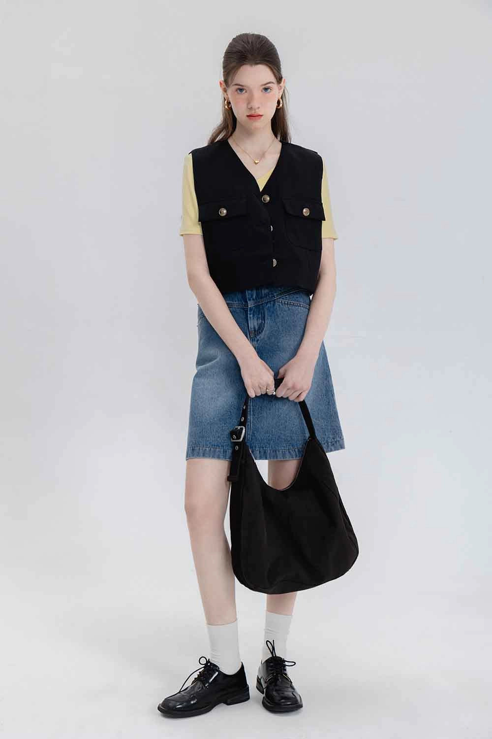 Skirt A-Line Denim Pinggang Tinggi Klasik Wanita