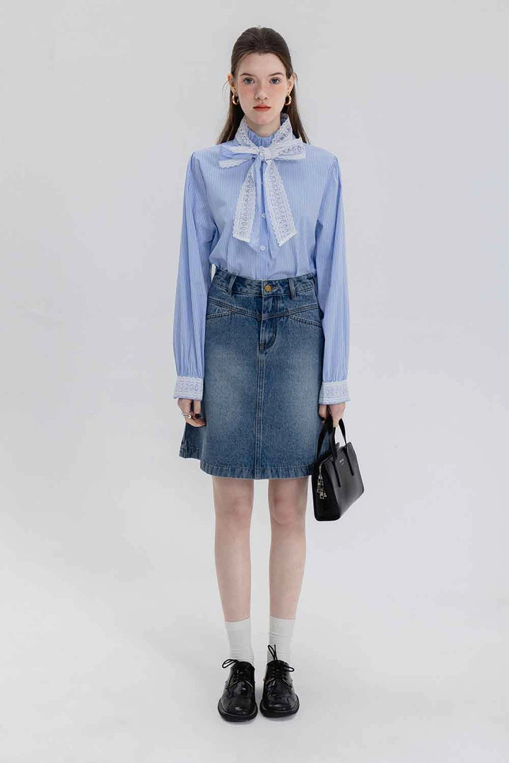 Skirt A-Line Denim Pinggang Tinggi Klasik Wanita