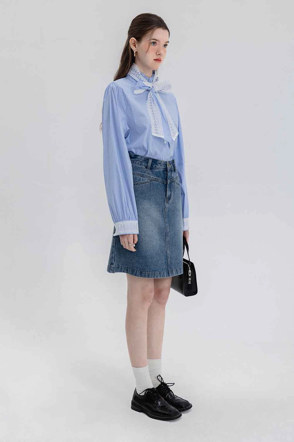 Skirt A-Line Denim Pinggang Tinggi Klasik Wanita