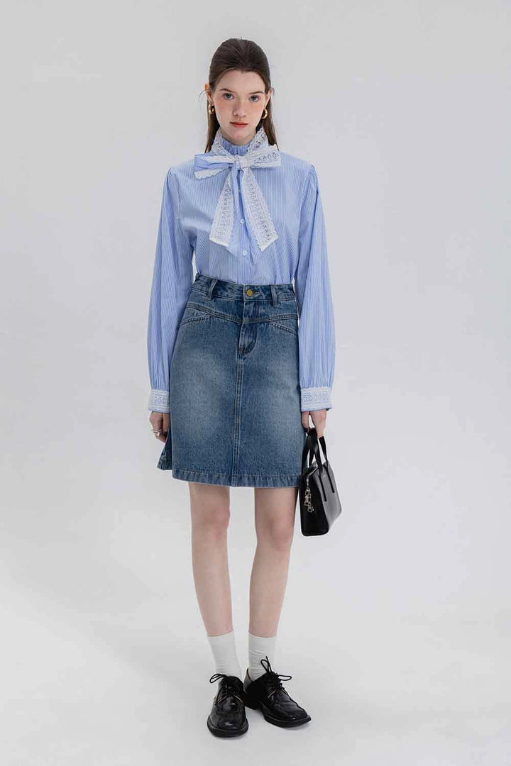 Skirt A-Line Denim Pinggang Tinggi Klasik Wanita