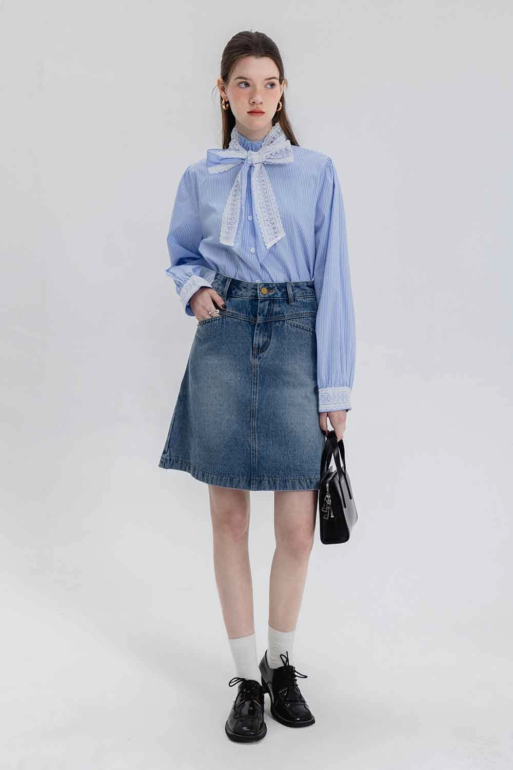 Skirt A-Line Denim Pinggang Tinggi Klasik Wanita