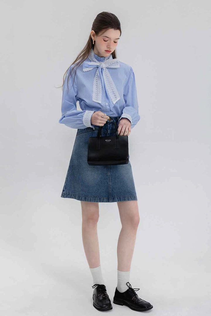 Skirt A-Line Denim Pinggang Tinggi Klasik Wanita