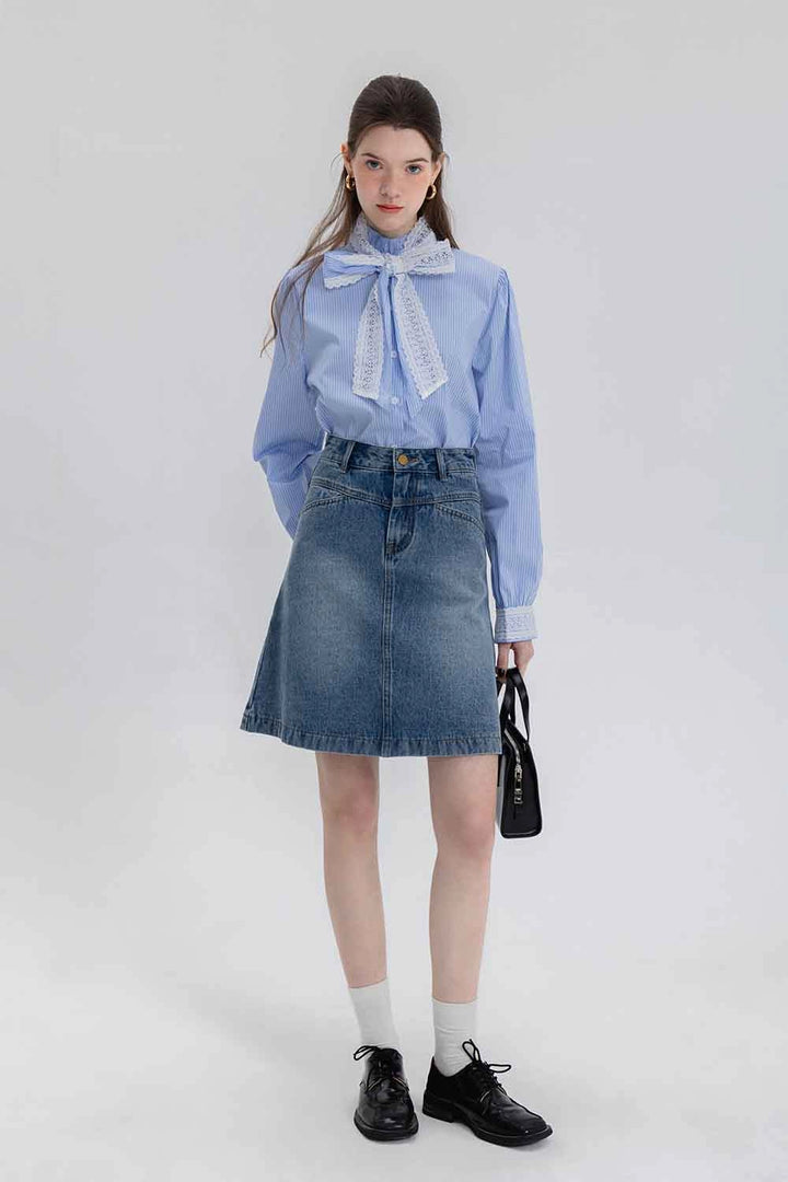 Skirt A-Line Denim Pinggang Tinggi Klasik Wanita